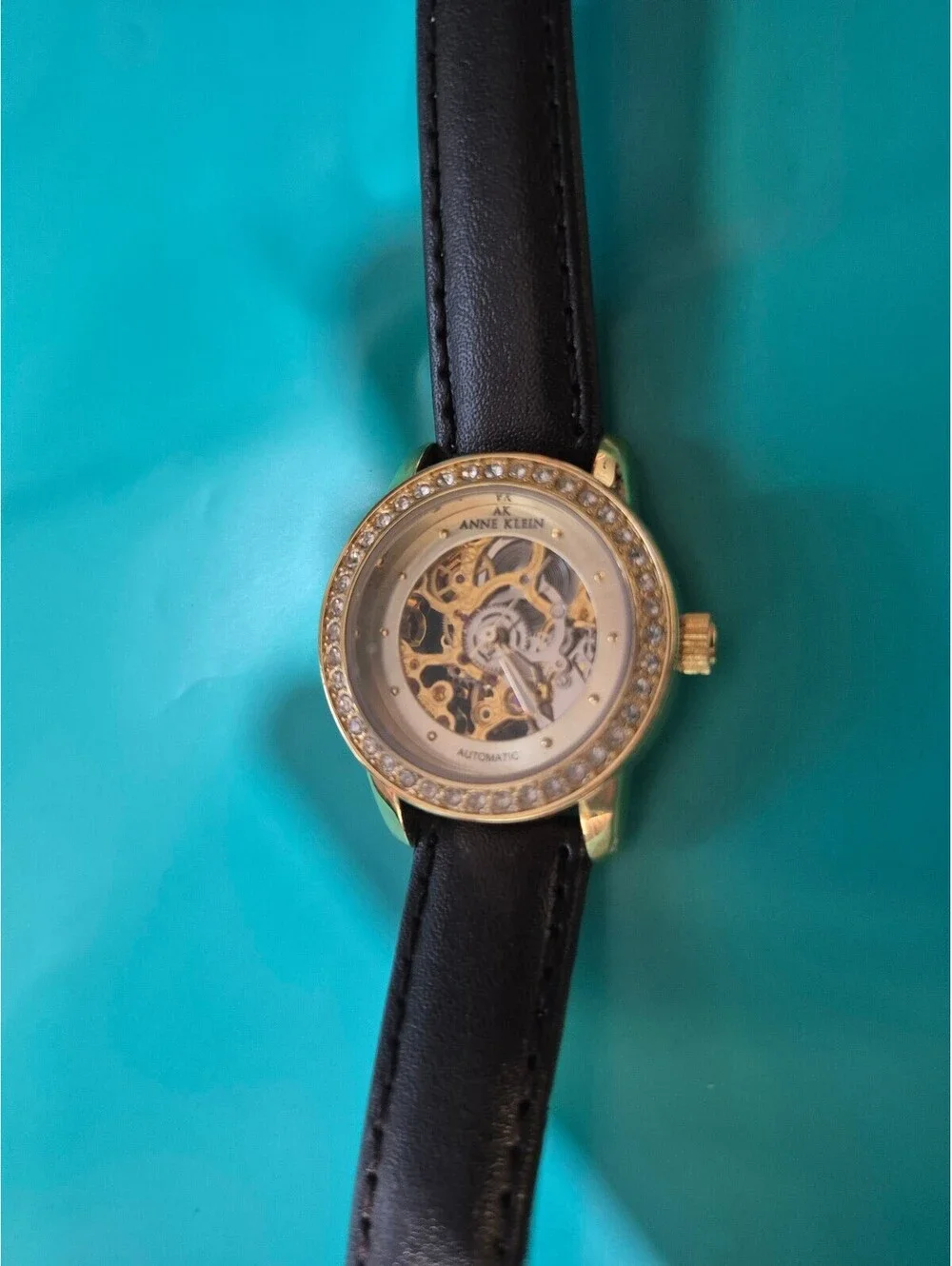 Anne Klein Gold Skeleton Automatic Watch Crystal Bezel Leather Strap